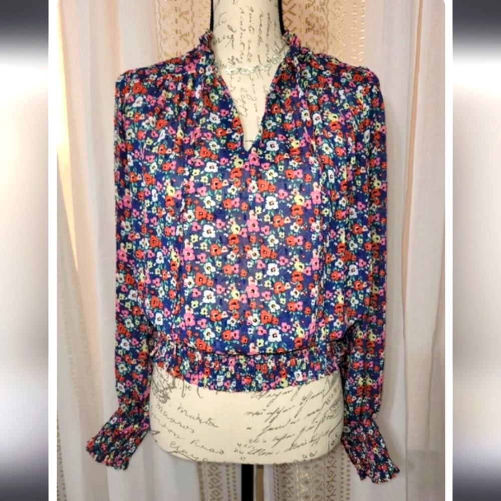 🌹Rachel Zoe blue floral puffed sleeve smocked waist/cuff tie neck, sz med